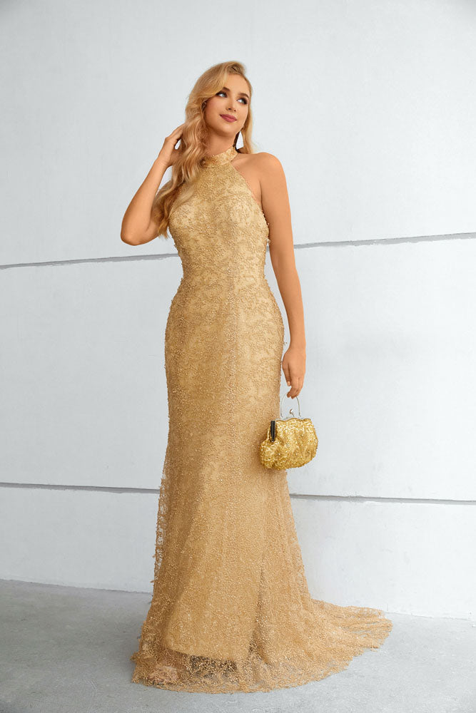Maxi Long Gold Lace Halter Formal Prom Evening Dress EN5612