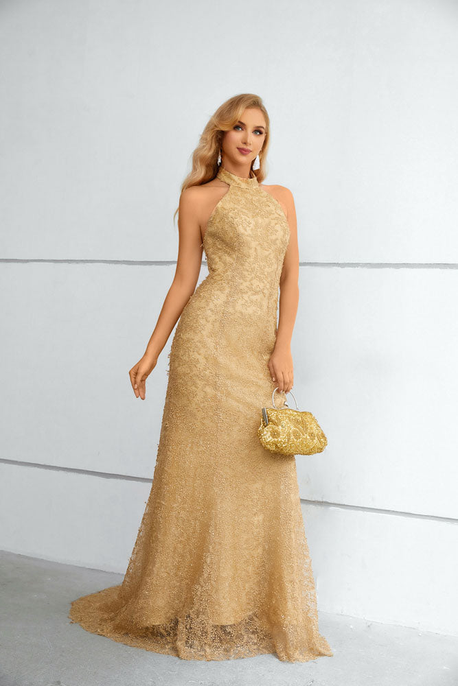 Maxi Long Gold Lace Halter Formal Prom Evening Dress EN5612
