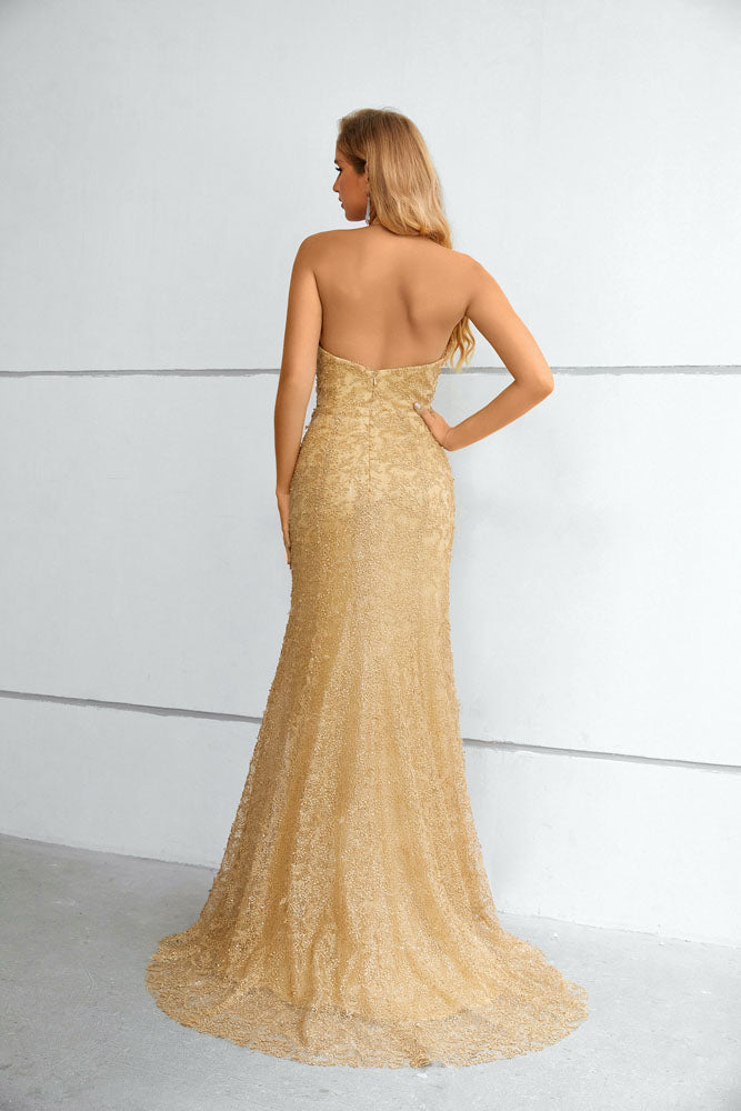Maxi Long Gold Lace Halter Formal Prom Evening Dress EN5612