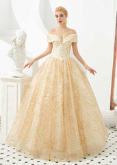 Gold Off the Shoulder Ball Gown Prom Formal Dress