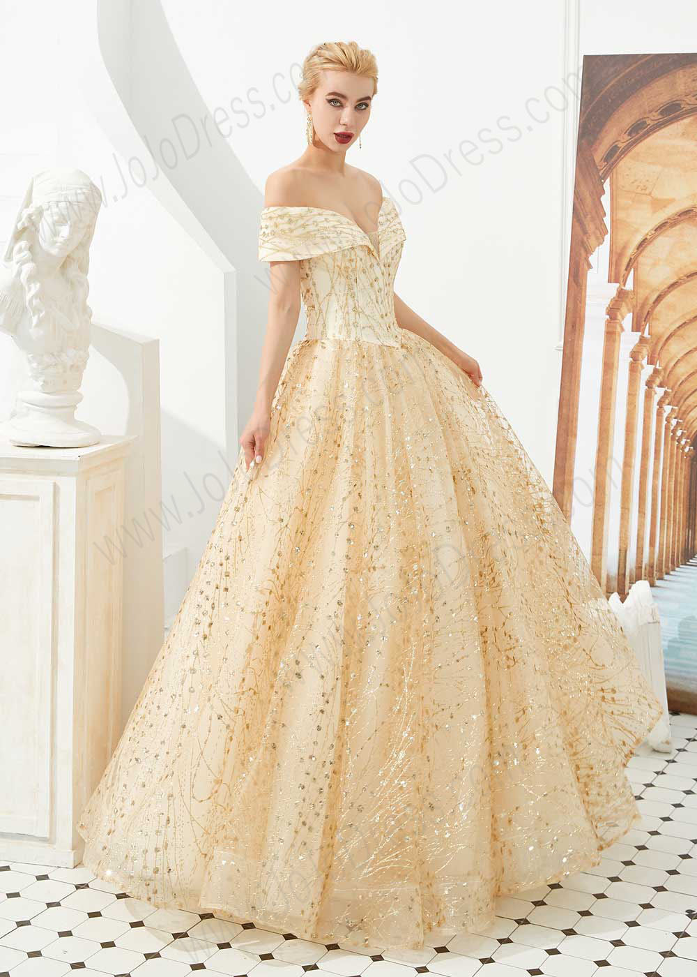 Gold Off the Shoulder Ball Gown Prom Formal Dress