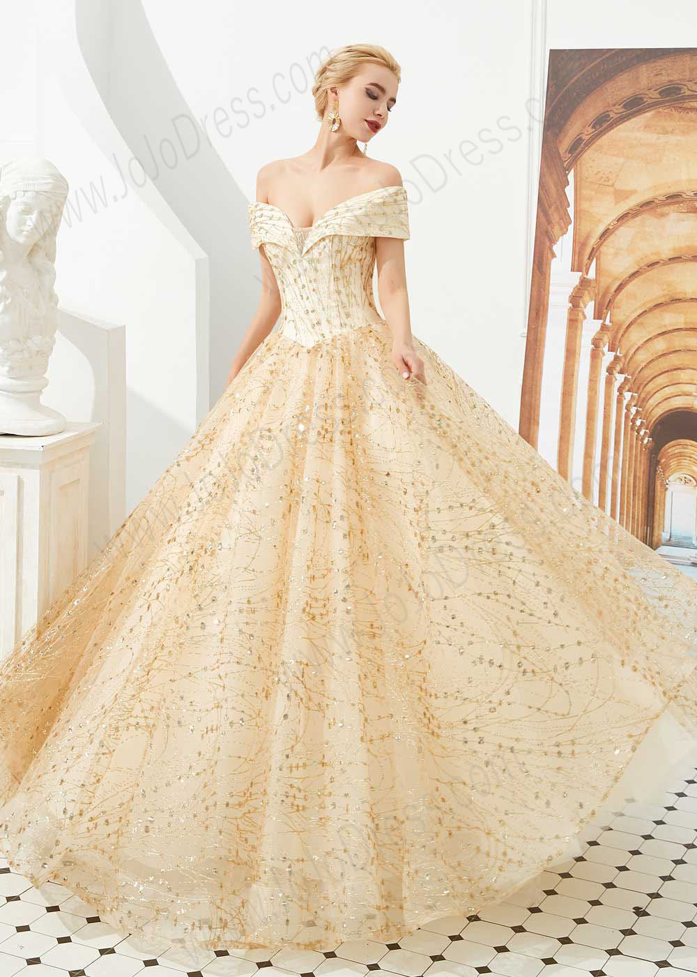 Gold Off the Shoulder Ball Gown Prom Formal Dress