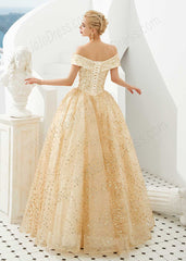 Gold Off the Shoulder Ball Gown Prom Formal Dress