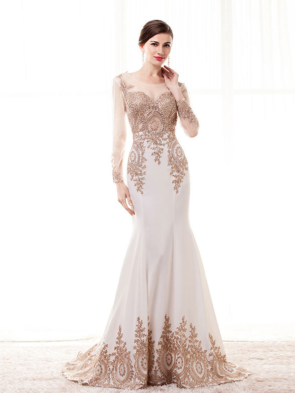Long Sleeves Gold Lace Formal Evening Dress