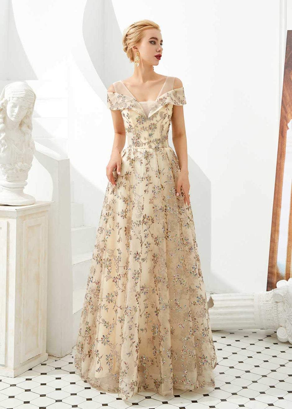 Champagne and Gold Formal Dresses - cap-sleeves - cap-sleeves