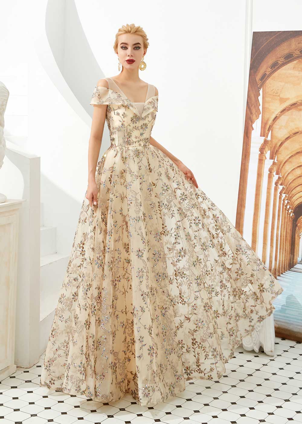 gold lace dress female Elegant Gold Lace Midi Evening Dress