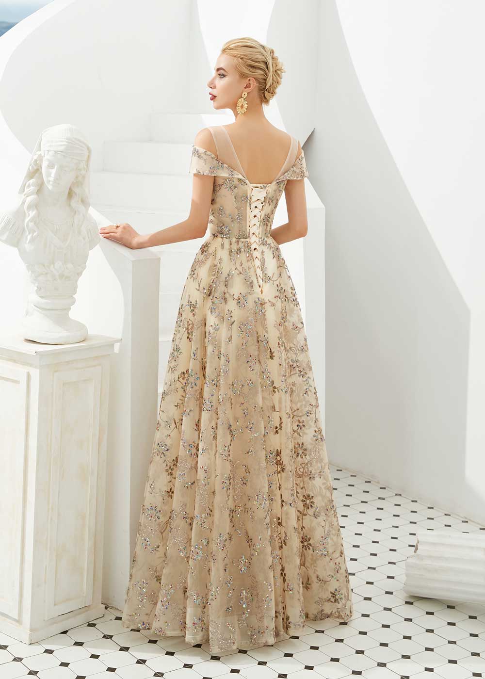 Gold Lace Prom Formal Evening Dress