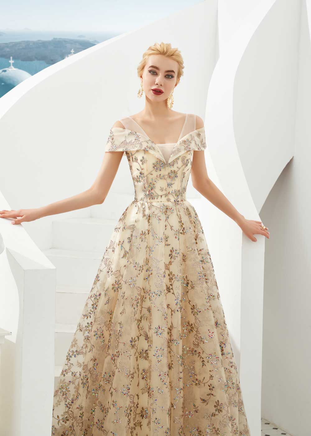 gold lace dress v-neck long sleeves mother of the bride Illuminate your special occasion with the Gold Sweetheart A Gold Dust Embroidered Lace Midi