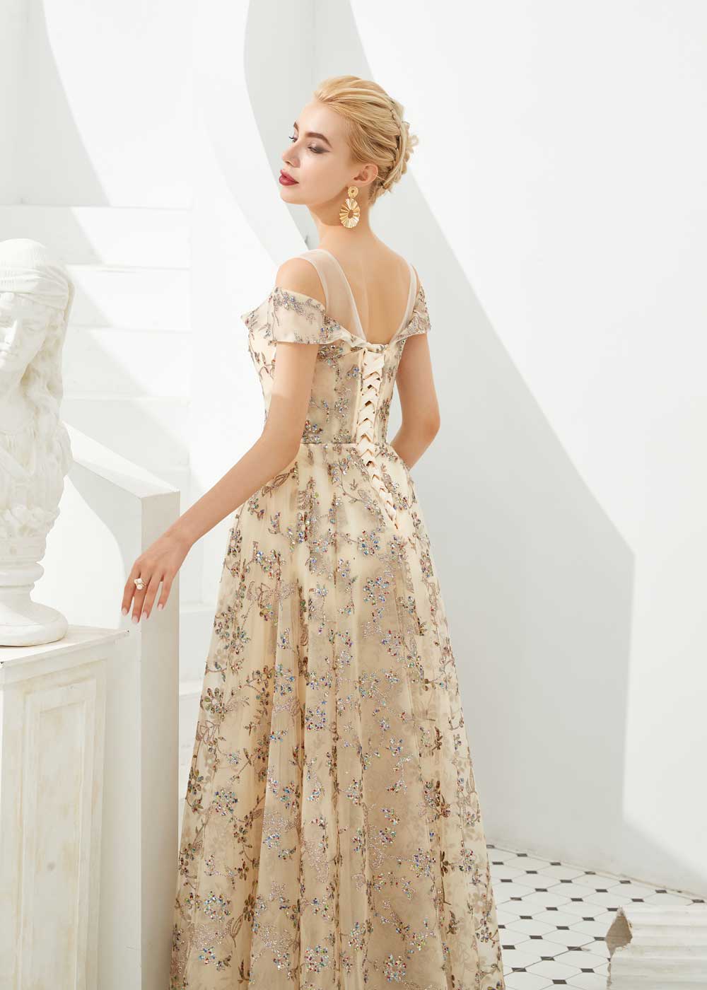 Gold Lace Prom Formal Evening Dress