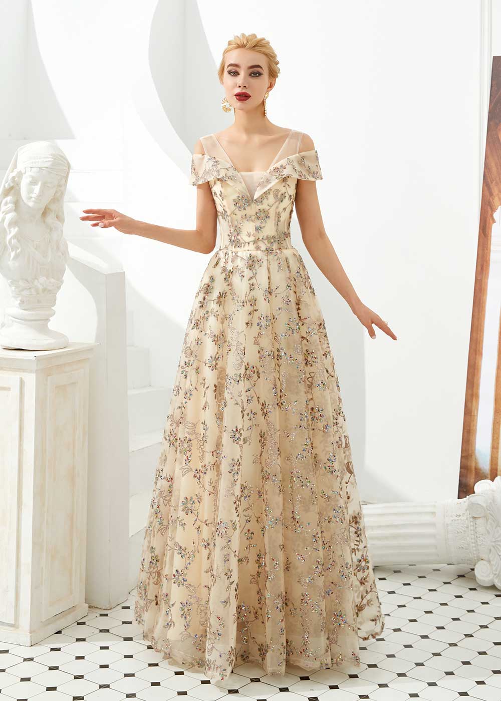 Gold Lace Prom Formal Evening Dress