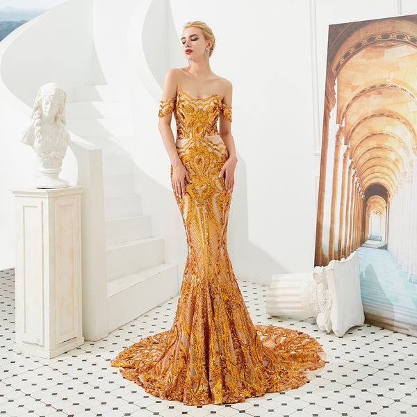 Gold Sequins Maxi Mermaid Gala Formal Evening Dress EN4812