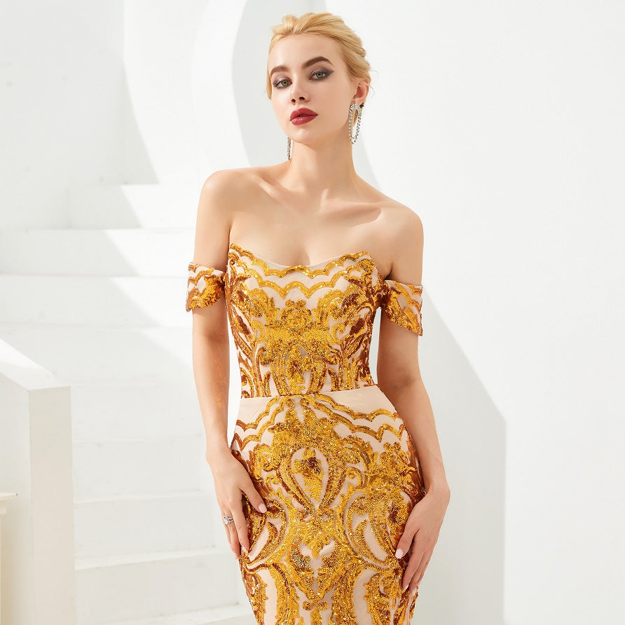 Gold Sequins Maxi Mermaid Gala Formal Evening Dress EN4812