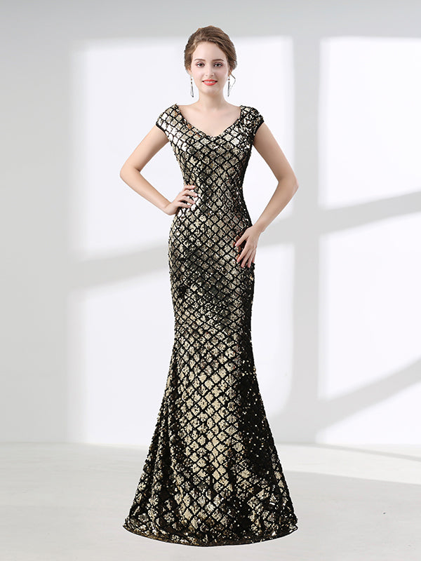 Elegant Gold Sequins Formal Prom Pagaent Evening Dress
