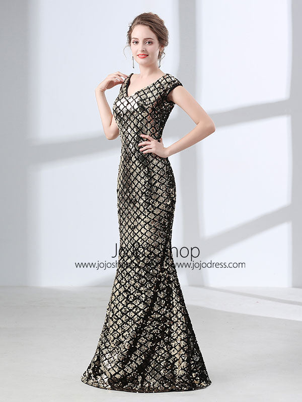 Elegant Gold Sequins Formal Prom Pagaent Evening Dress