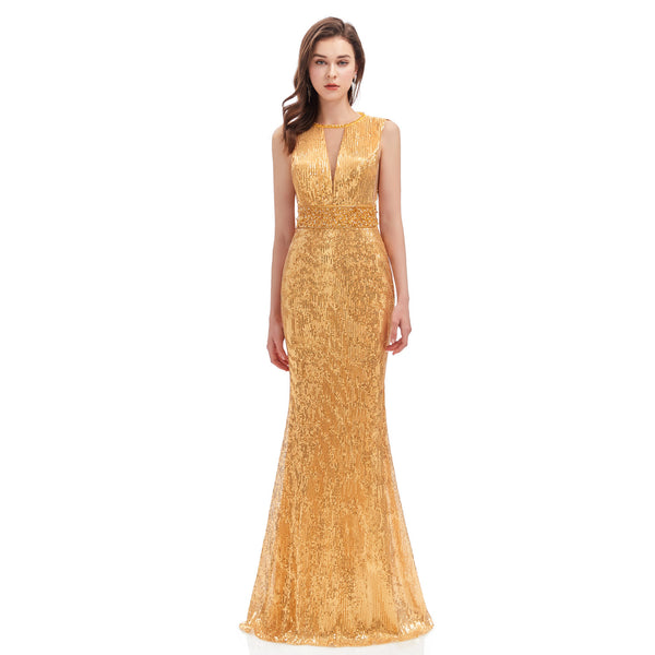 Gold Sparkly Sequins Fitted Maxi Prom Formal Dress EN4605