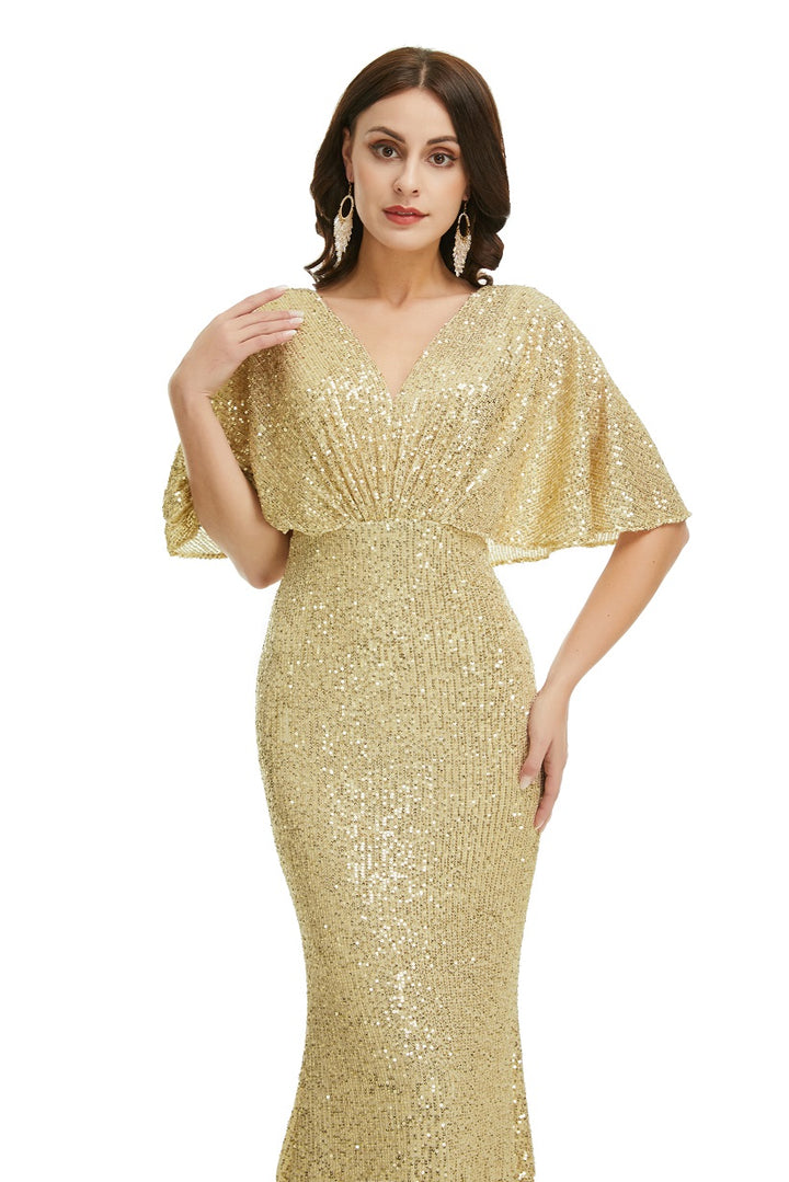 Gold Sparkly Maxi Long Evening Dress with Butterfly Sleeves EN5002