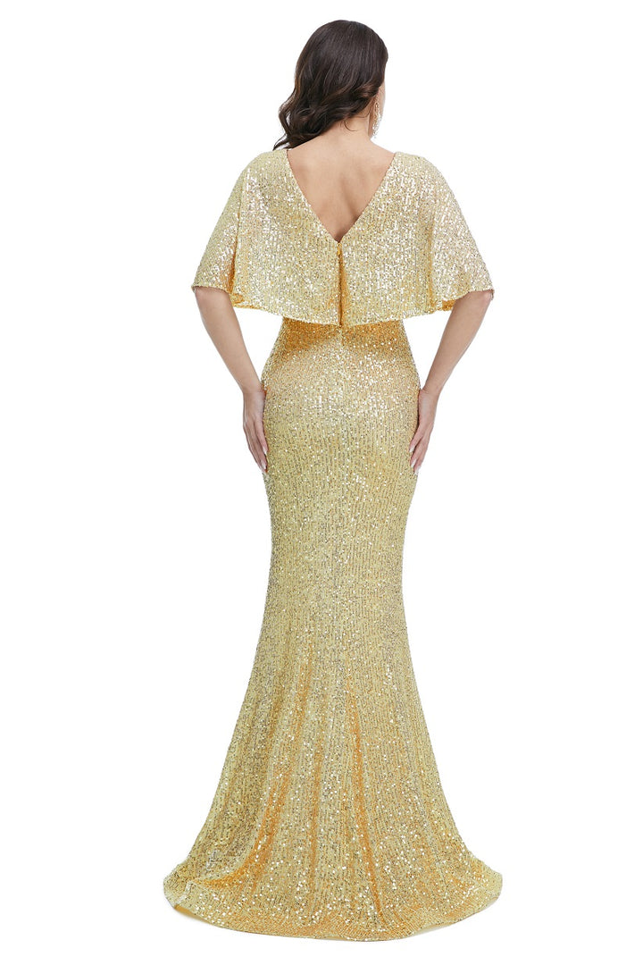 Gold Sparkly Maxi Long Evening Dress with Butterfly Sleeves EN5002