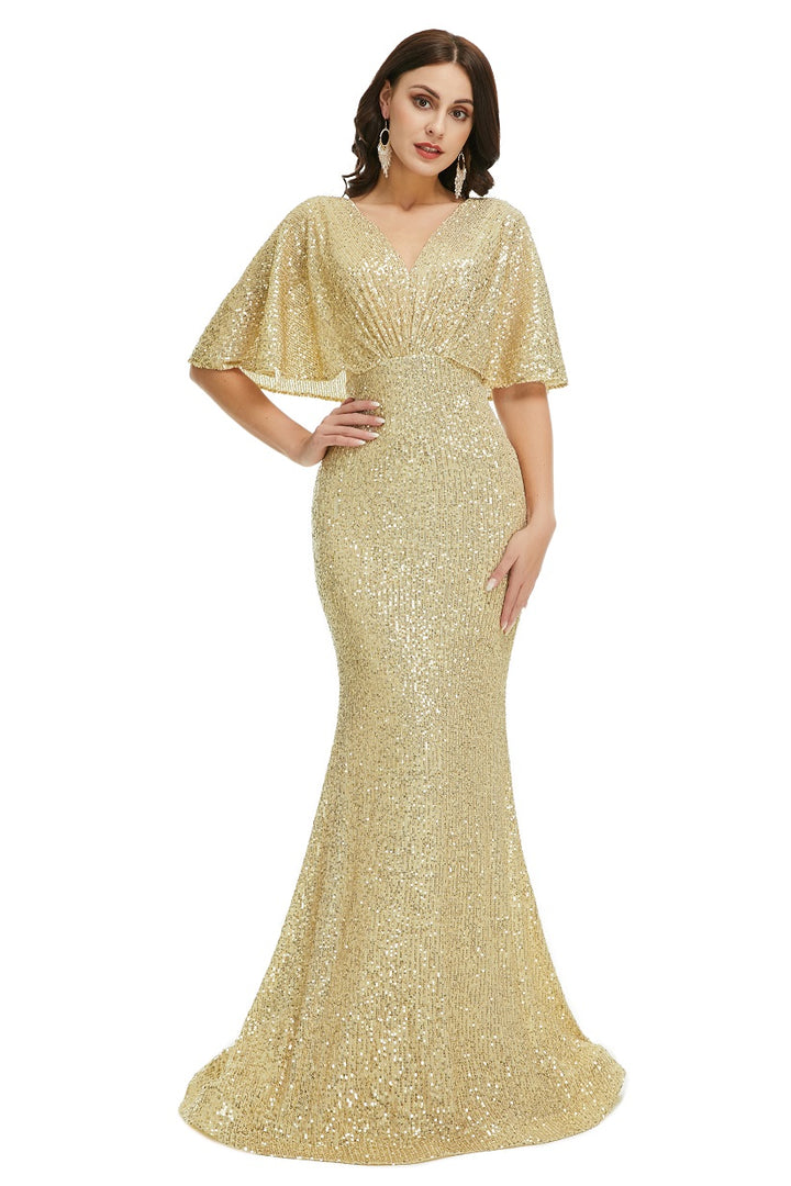 Gold Sparkly Maxi Long Evening Dress with Butterfly Sleeves EN5002