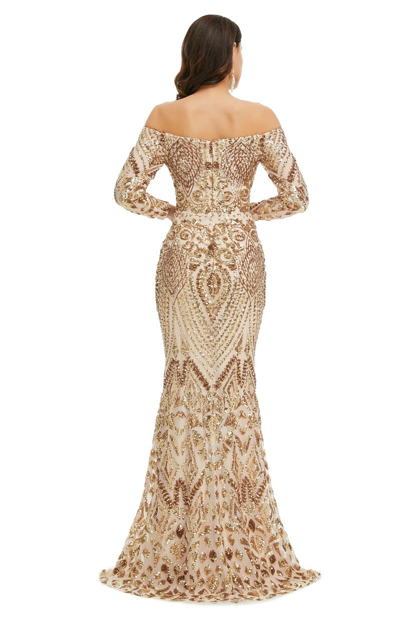 Sexy Gold Off the Shoulder Maxi Fitted Gala Formal Evening Dress EN5009