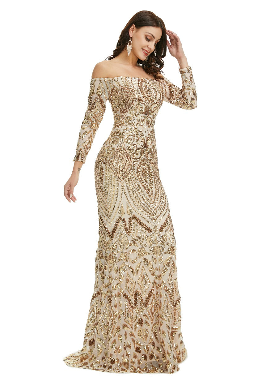 Sexy Gold Off the Shoulder Maxi Fitted Gala Formal Evening Dress EN5009