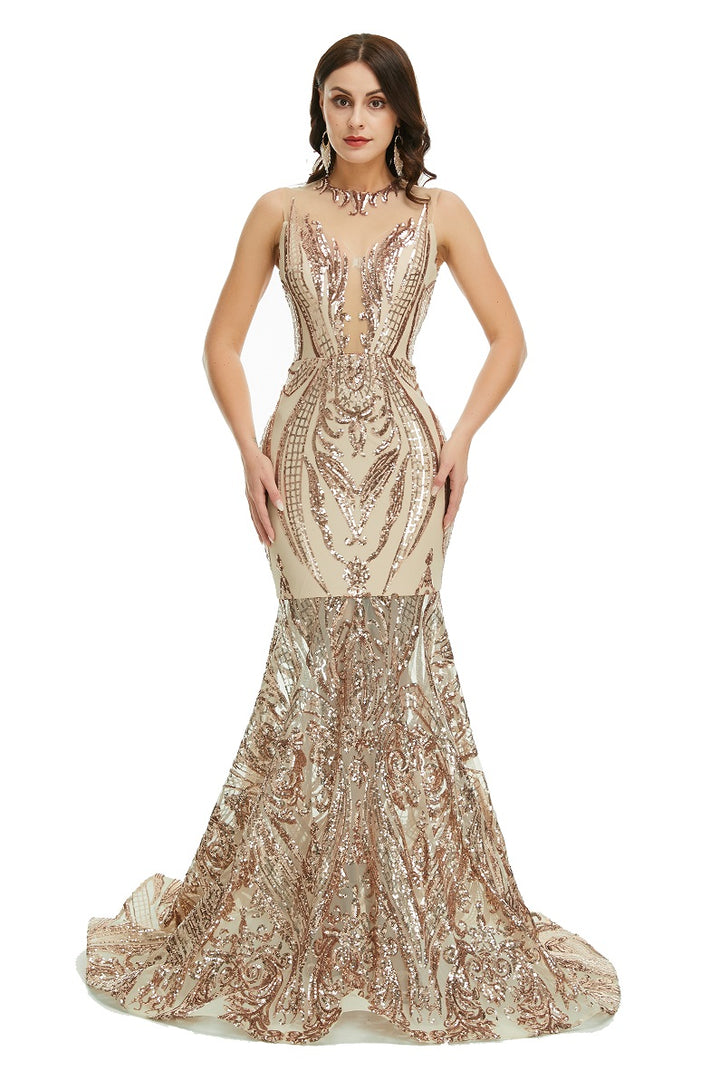 Gold Sequins Maxi Mermaid Formal Prom Evening Dress EN5007