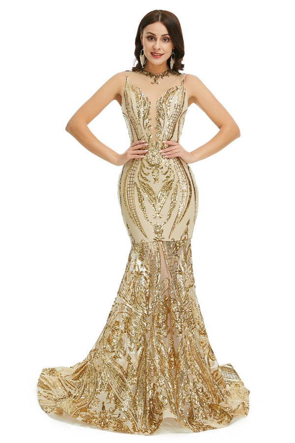 Gold Sequins Maxi Mermaid Formal Prom Evening Dress EN5007