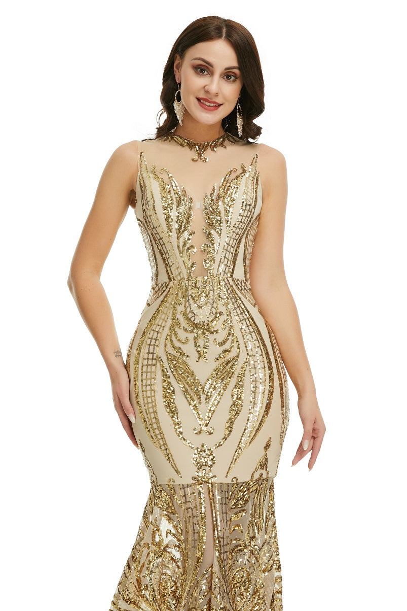 Gold Sequins Maxi Mermaid Formal Prom Evening Dress EN5007