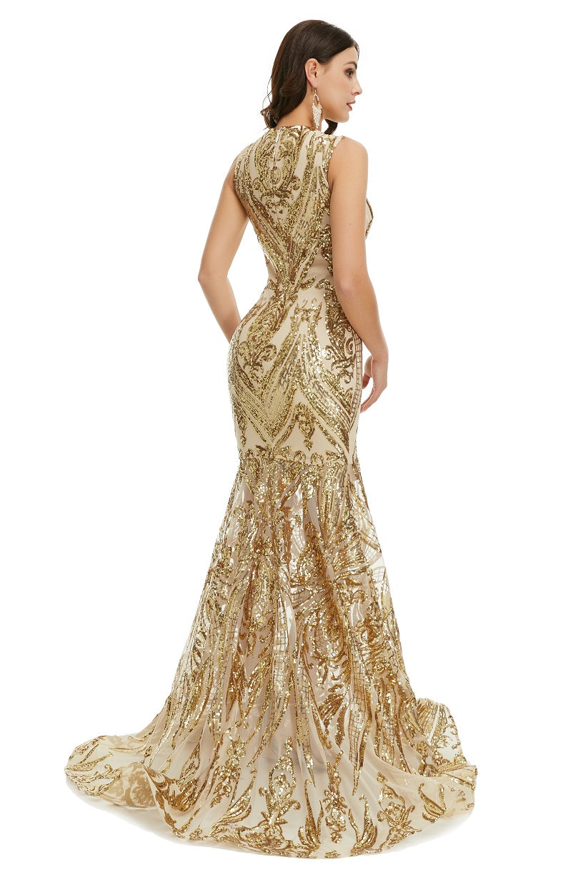 Gold Sequins Maxi Mermaid Formal Prom Evening Dress EN5007
