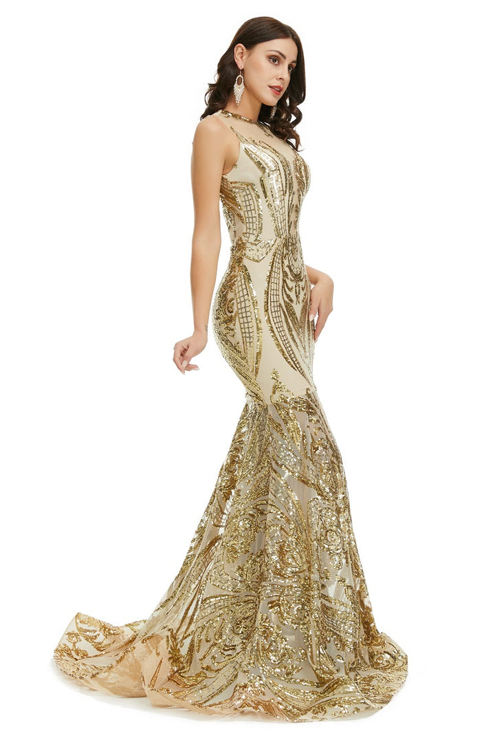 Gold Sequins Maxi Mermaid Formal Prom Evening Dress EN5007