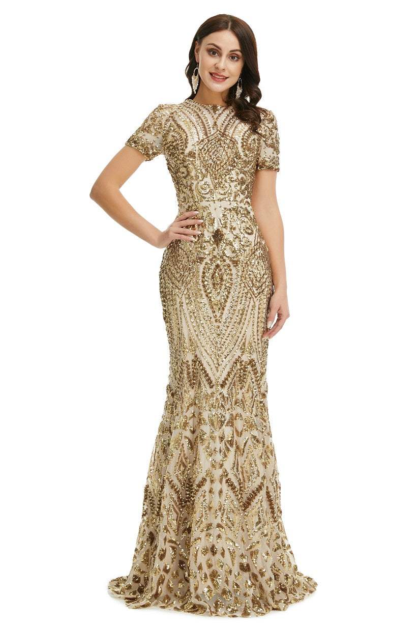 Gold Modest Maxi Fitted Gala Formal Evening Dress EN5010