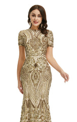 Gold Modest Maxi Fitted Gala Formal Evening Dress EN5010