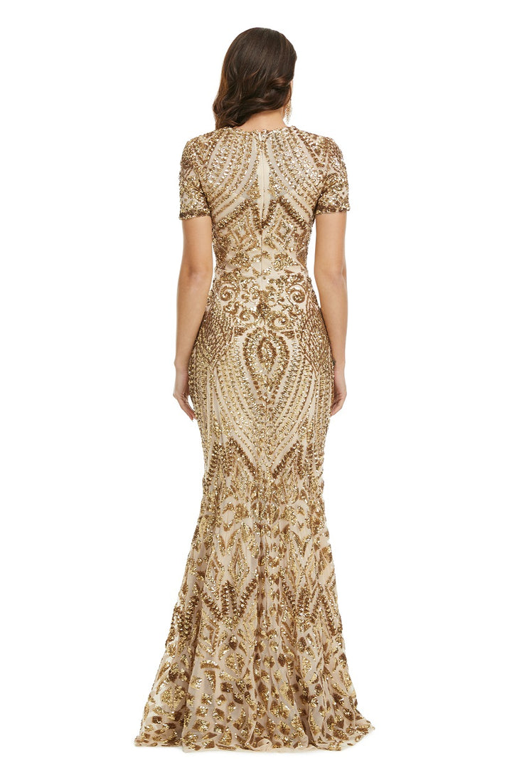 Gold Modest Maxi Fitted Gala Formal Evening Dress EN5010