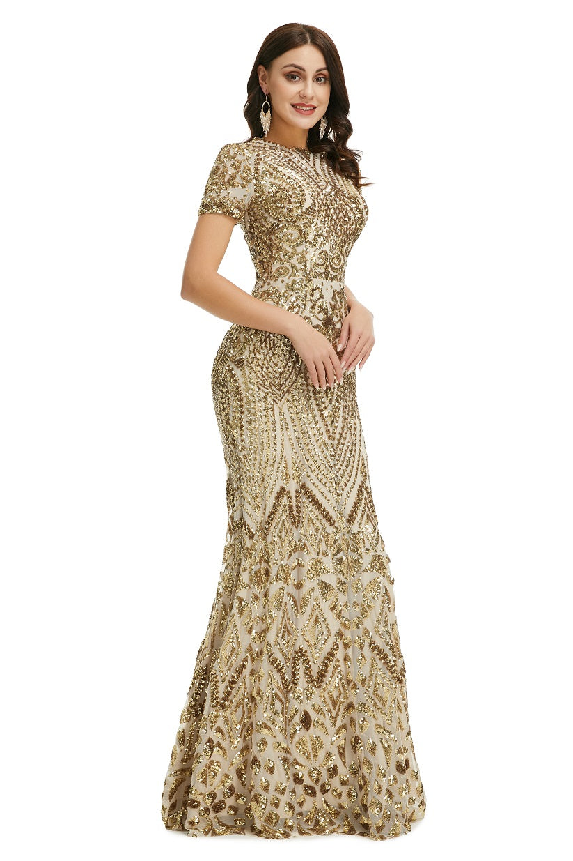Gold Modest Maxi Fitted Gala Formal Evening Dress EN5010