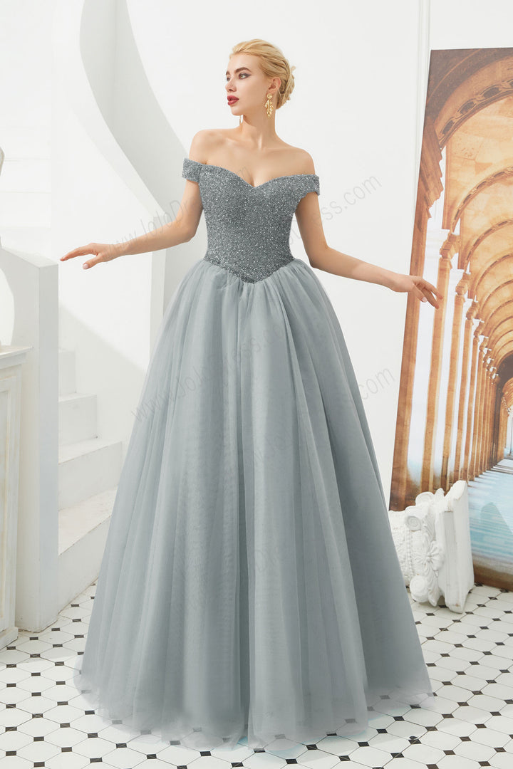 gray ball gown prom dress with off the shoulder neckline