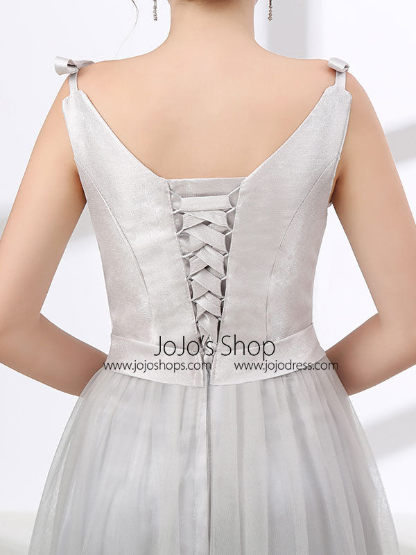 Gray Tulle Formal Prom Evening Dress with lace up back