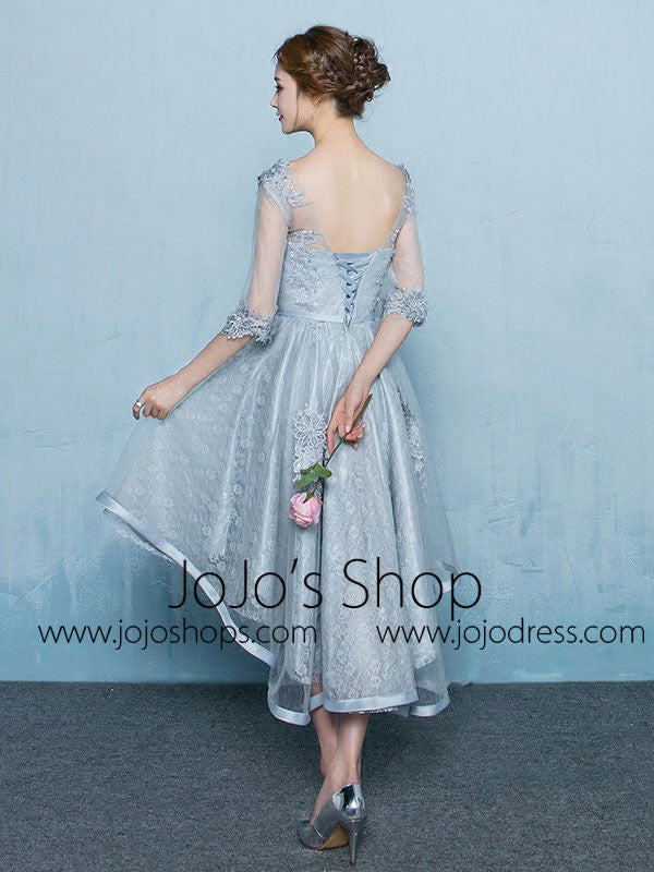 Gray Lace Hi Low Formal Prom Dress with Sleeves