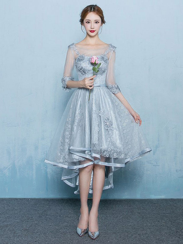 Gray Lace Hi Low Formal Prom Dress with Sleeves
