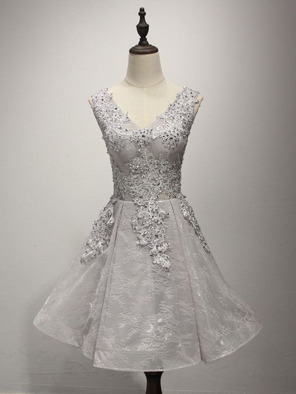 Short Gray Lace Cocktail Prom Dress