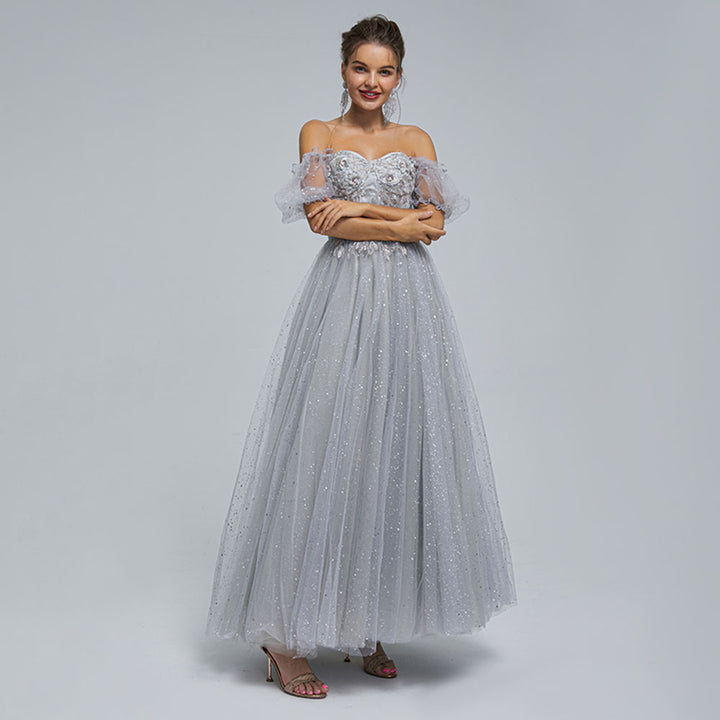 Silver Long Formal Prom Dress with Sparkly Skirt EN5303