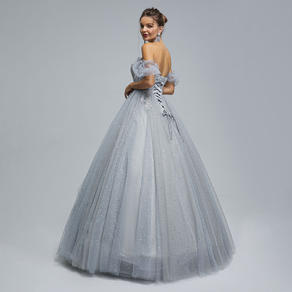 Silver Long Formal Prom Dress with Sparkly Skirt EN5303