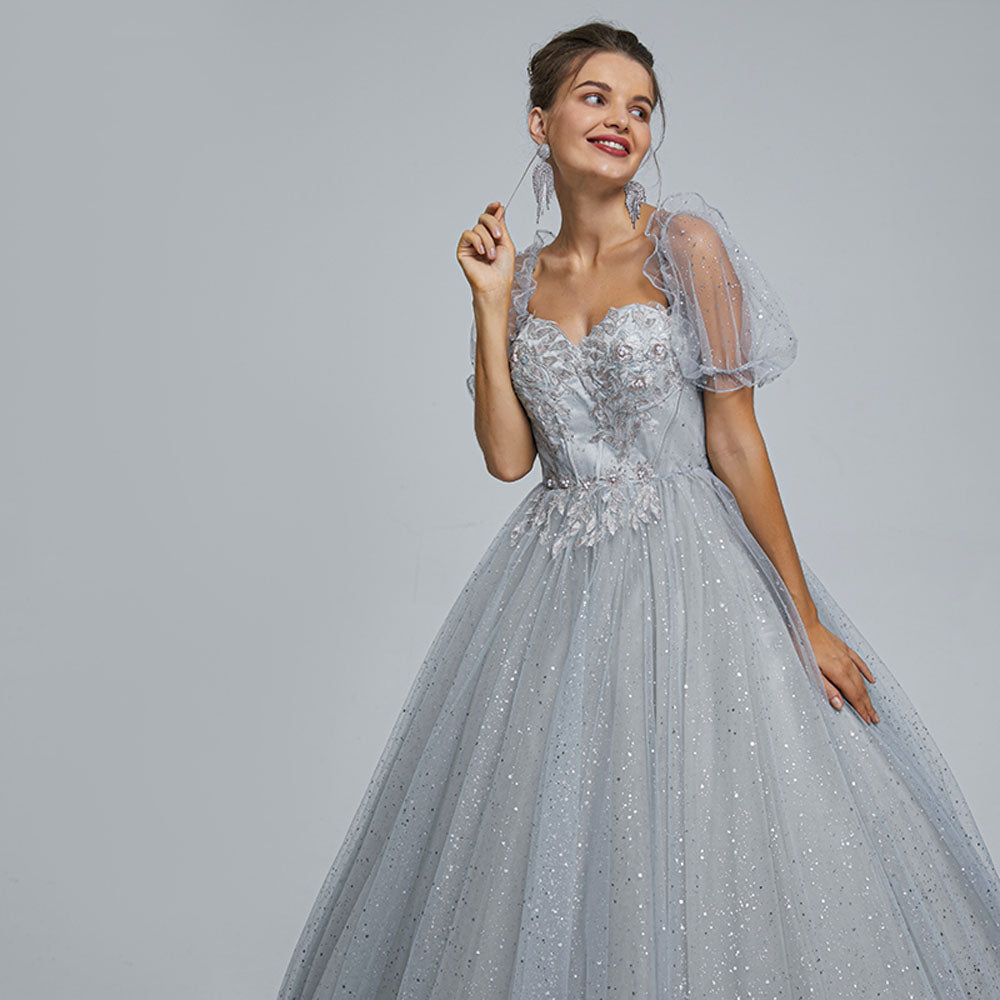 Silver Long Formal Prom Dress with Sparkly Skirt EN5303