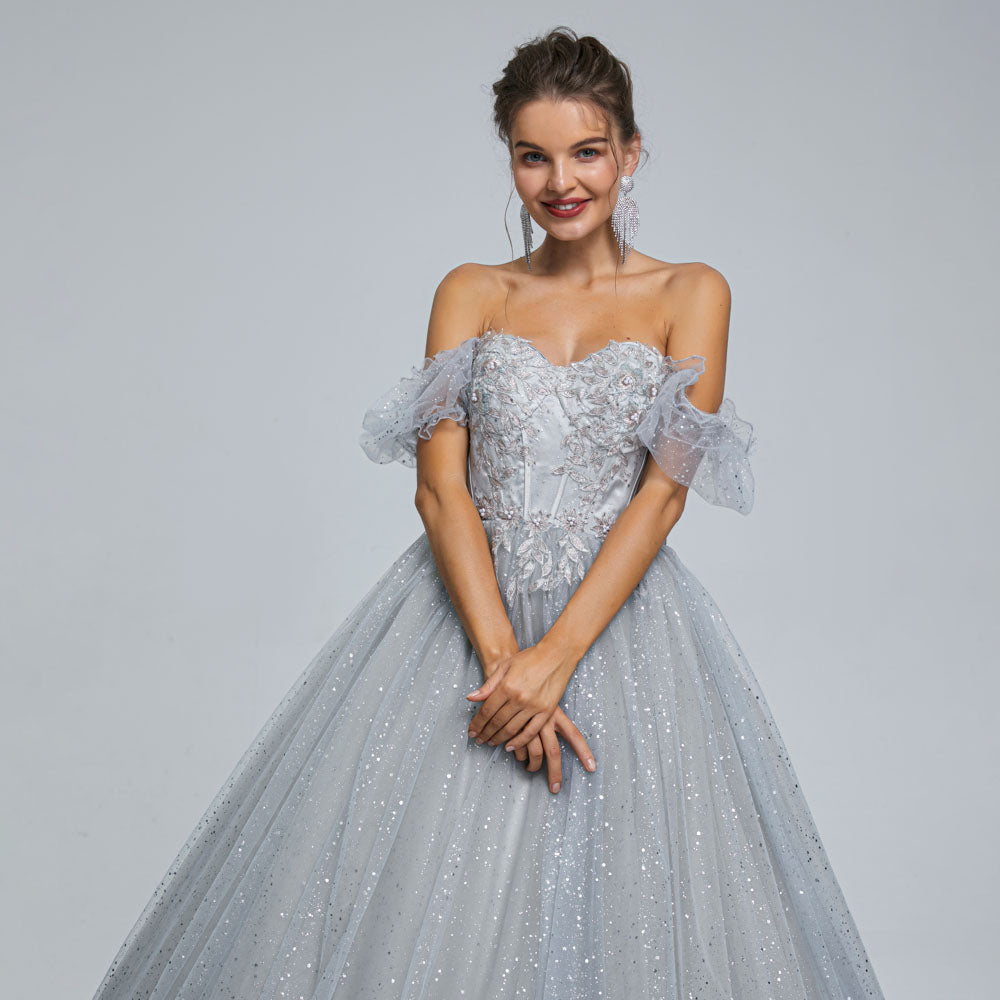 Silver Long Formal Prom Dress with Sparkly Skirt EN5303