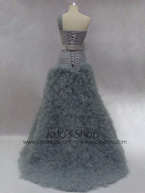 Elegant Gray One Shoulder Ruffles Long Prom Formal Evening Dress