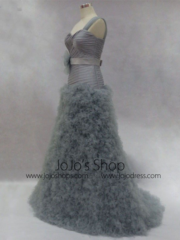 Elegant Gray One Shoulder Ruffles Long Prom Formal Evening Dress
