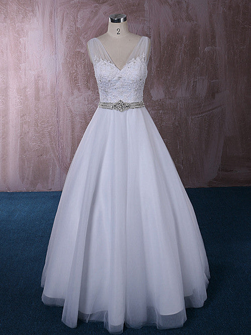 V Neck A-line Dress with Lace and Crystal Sash | QT815007A