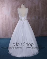 V Neck A-line Dress with Lace and Crystal Sash | QT815007A