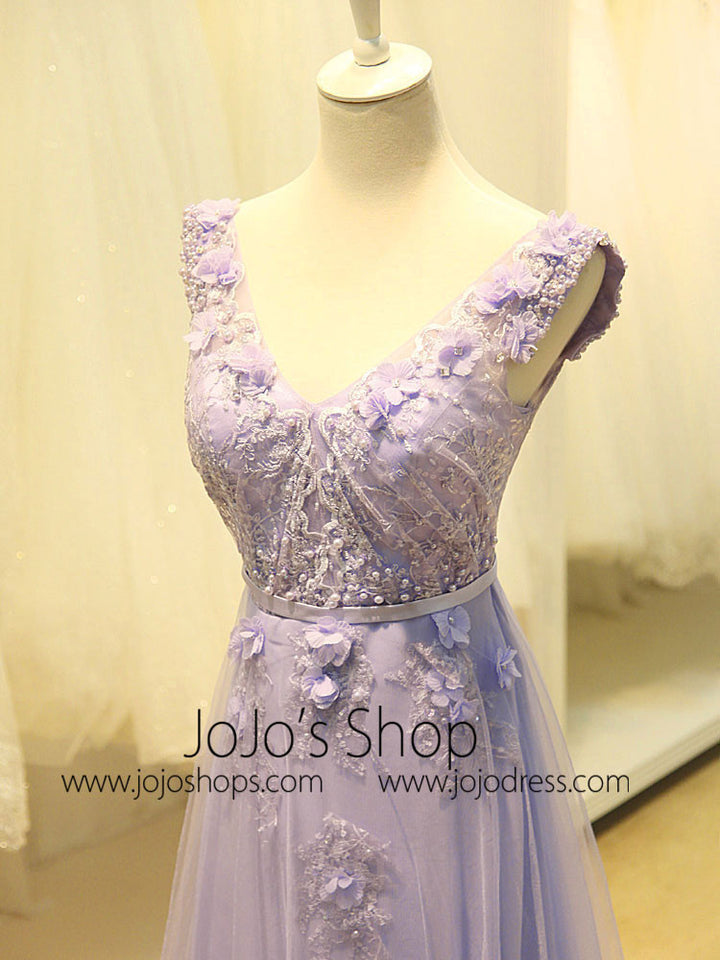 Grecian V Neck Lavender Floral Formal Prom Dress
