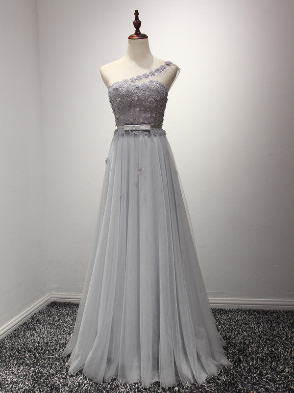 Gray One Shoulder Grecian Prom Formal Dress with Daisy Flower