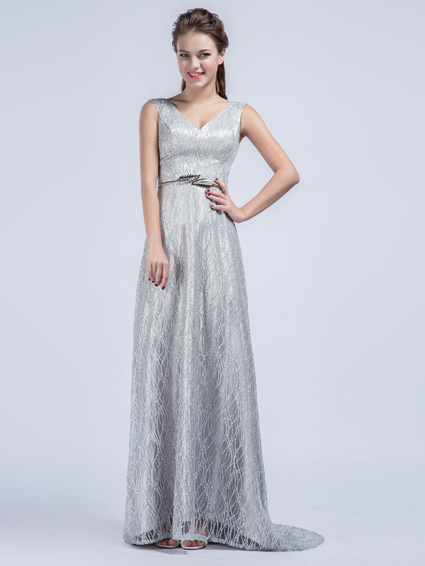 Elegant Grecian Gray Lace Formal Prom Dress with V Neck