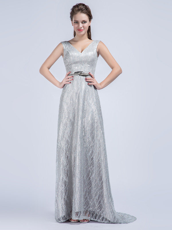 Elegant Grecian Gray Lace Formal Prom Dress with V Neck